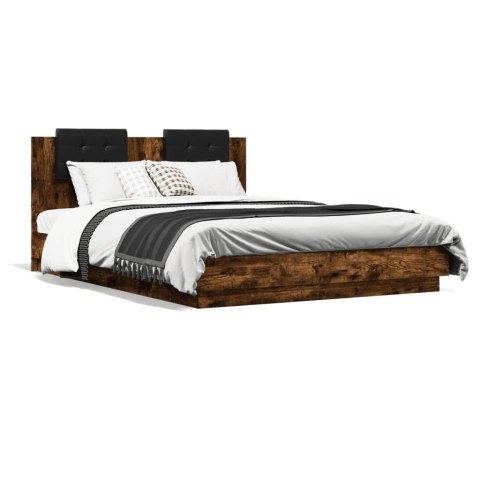 Rama łóżka z wezgłowiem i LED, przydymiony dąb, 150x200 cm