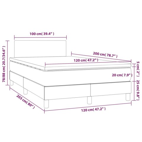  Łóżko kontynentalne z materacem i LED, szare 120x200cm, aksamit