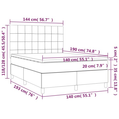  Łóżko kontynentalne, materac i LED, niebieski aksamit 140x190cm