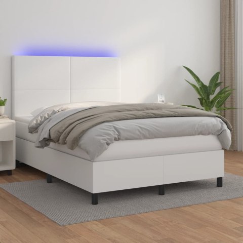  Łóżko kontynentalne z materacem i LED, biała ekoskóra 140x200cm