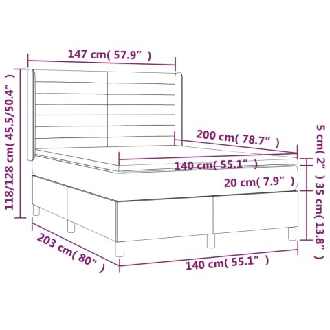  Łóżko kontynentalne z materacem i LED, szare 140x200cm, aksamit