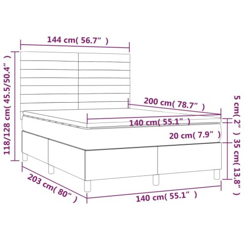  Łóżko kontynentalne z materacem i LED, szare 140x200cm, aksamit