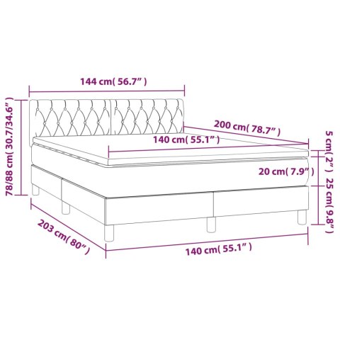  Łóżko kontynentalne z materacem i LED, szare 140x200cm, aksamit