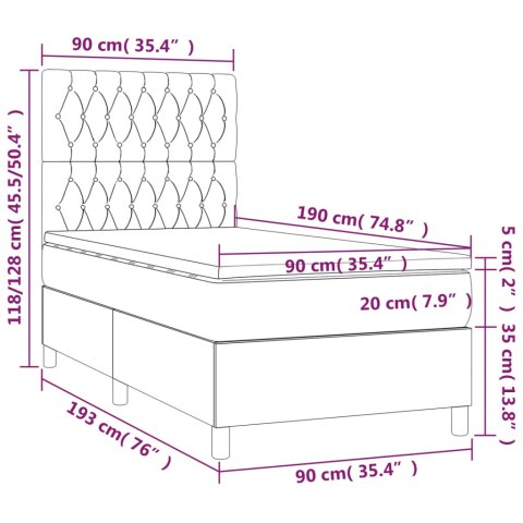  Łóżko kontynentalne z materacem i LED, szare 90x190 cm, aksamit