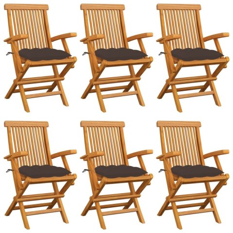  Krzesła ogrodowe, poduszki taupe, 6 szt., drewno tekowe
