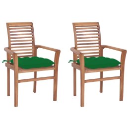  Krzesła stołowe, 2 szt., zielone poduszki, drewno tekowe