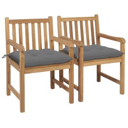  Krzesła ogrodowe z szarymi poduszkami, 2 szt., drewno tekowe