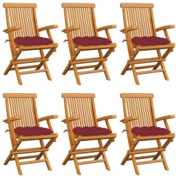  Krzesła ogrodowe, czerwone poduszki, 6 szt., drewno tekowe