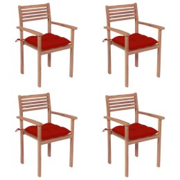  Krzesła ogrodowe, 4 szt., czerwone poduszki, drewno tekowe