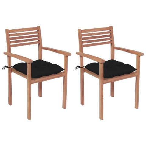  Krzesła ogrodowe, 2 szt., czarne poduszki, lite drewno tekowe