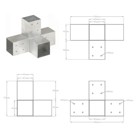  Łączniki w kształcie X, 4 szt., galwanizowany metal, 81x81 mm