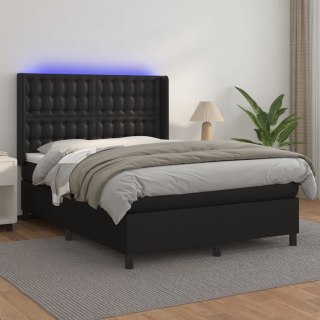  Łóżko kontynentalne, materac i LED, czarna ekoskóra, 140x190 cm