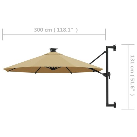  Parasol ścienny z LED, na metalowym słupku, 300 cm, kolor taupe