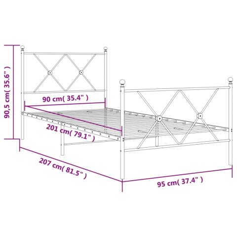  Metalowa rama łóżka z wezgłowiem i zanóżkiem, biała, 90x200 cm