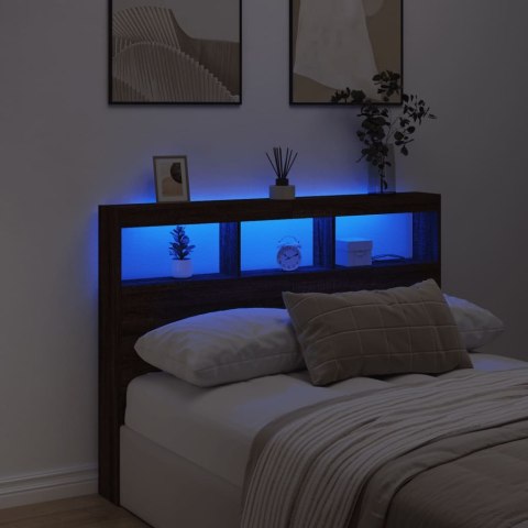  Zagłówek z półkami i LED, brązowy dąb, 140x17x102 cm