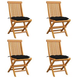  Krzesła ogrodowe, czarne poduszki, 4 szt., lite drewno tekowe