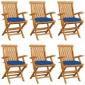  Krzesła ogrodowe, niebieskie poduszki, 6 szt., drewno tekowe