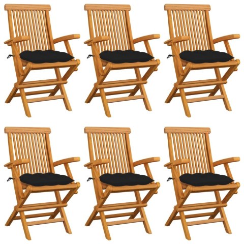  Krzesła ogrodowe, czarne poduszki, 6 szt., drewno tekowe