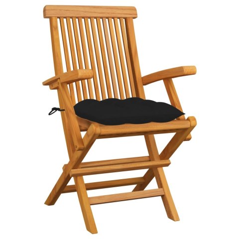  Krzesła ogrodowe, czarne poduszki, 6 szt., drewno tekowe
