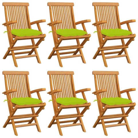  Krzesła ogrodowe, jasnozielone poduszki, 6 szt., drewno tekowe