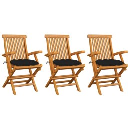  Krzesła ogrodowe, czarne poduszki, 3 szt., lite drewno tekowe
