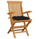  Krzesła ogrodowe, czarne poduszki, 3 szt., lite drewno tekowe