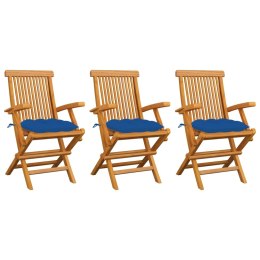 Krzesła ogrodowe, niebieskie poduszki, 3 szt., drewno tekowe