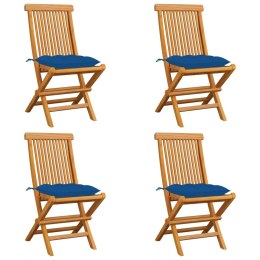  Krzesła ogrodowe, niebieskie poduszki, 4 szt., drewno tekowe