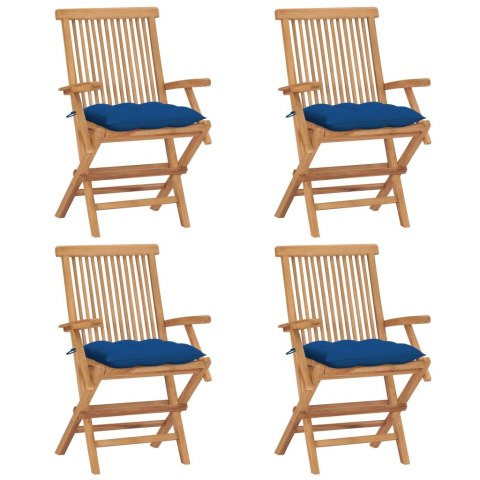  Krzesła ogrodowe z niebieskimi poduszkami, 4 szt., tekowe