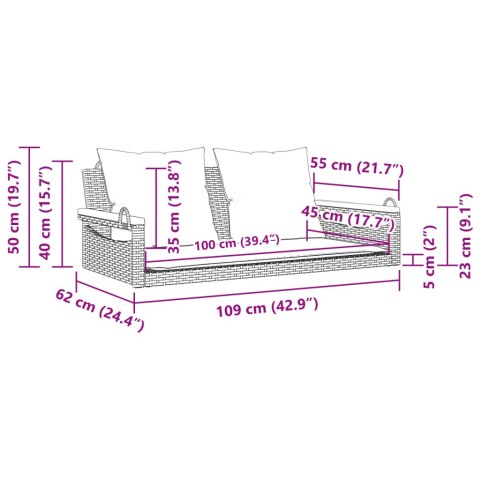  Ławka bujana z poduszkami, szara, 109x62x40 cm, polirattan