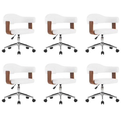  Krzesła obrotowe, 6 szt., białe, gięte drewno i sztuczna skóra