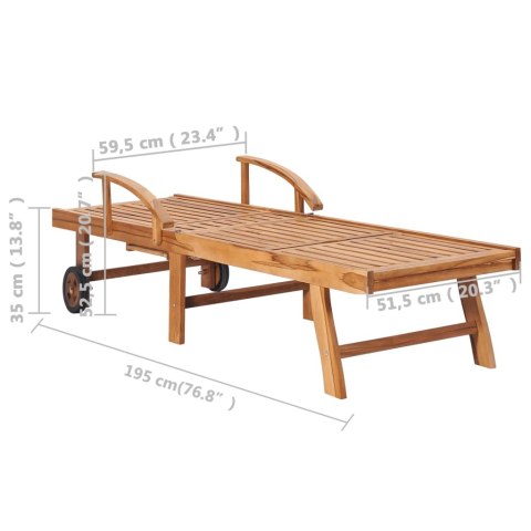  Leżaki ze stolikiem i poduszkami, 2 szt., lite drewno tekowe