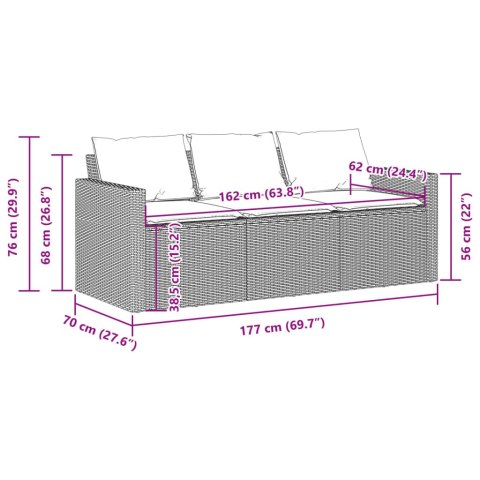  Sofa ogrodowa z poduszkami, 3-osobowa, czarna, polirattan