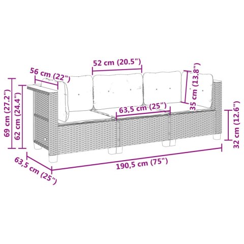  Sofa ogrodowa z poduszkami, 3-osobowa, czarna, polirattan