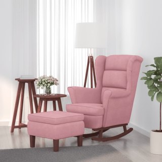  Fotel bujany na drewnianych nogach, z podnóżkiem, różowy