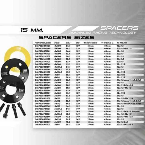 Dystanse poszerzające OMP OMPS08611501 5 x 110 65,1 M14 x 1,5 + M12 x 1,25 15 mm