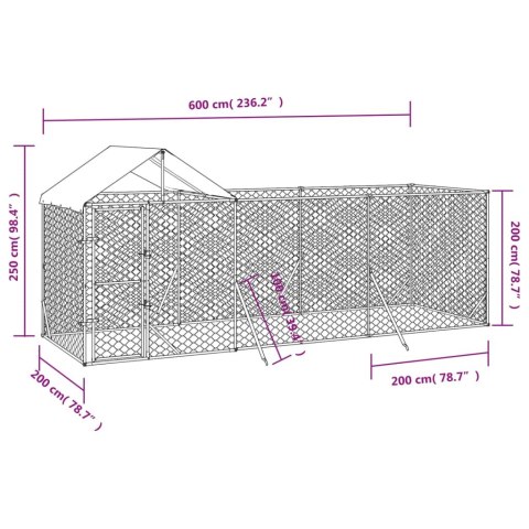  Kojec dla psa, z dachem, srebrny, 6x2x2,5 m, stal galwanizowana