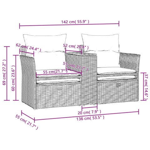  2-osobowa sofa ogrodowa z podnóżkami, szara, polirattan