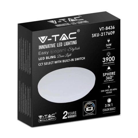 Plafon V-TAC 36W Mleczny Zmiana Koloru CCT fi.480 VT-8436 3000K-6400K 3900lm