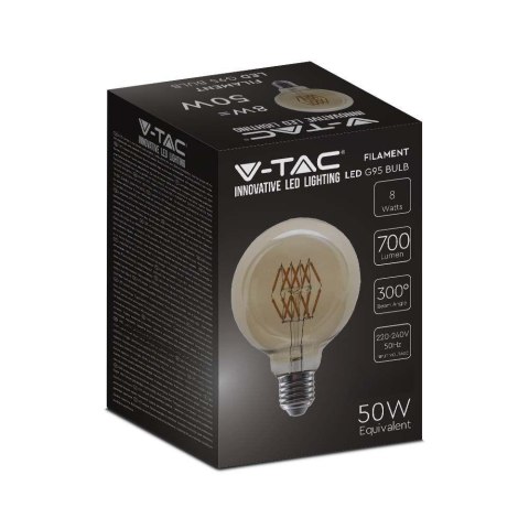 Żarówka LED V-TAC 8W Filament E27 Kula Glob G95 Bursztyn 95x138mm VT-2019 2200K 700lm