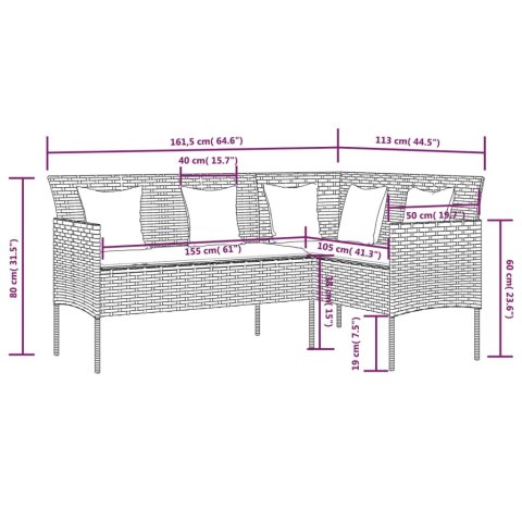 Sofa w kształcie litery L z poduszkami, rattan PE, czarna