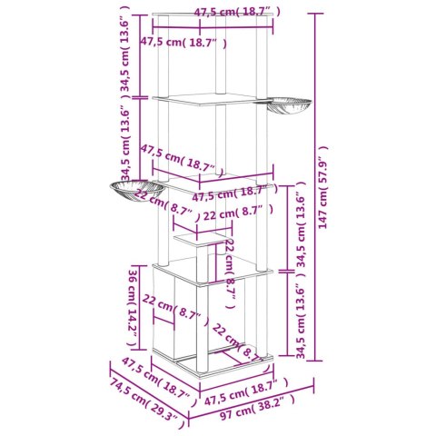 Drapak dla kota z sizalowymi słupkami, jasnoszary, 147 cm