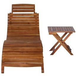 Leżak ze stolikiem, lite drewno akacjowe, brązowy