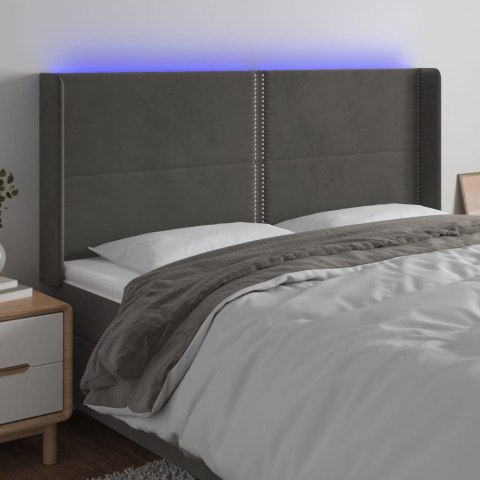 Zagłówek do łóżka z LED, ciemnoszary, 163x16x118/128cm, aksamit