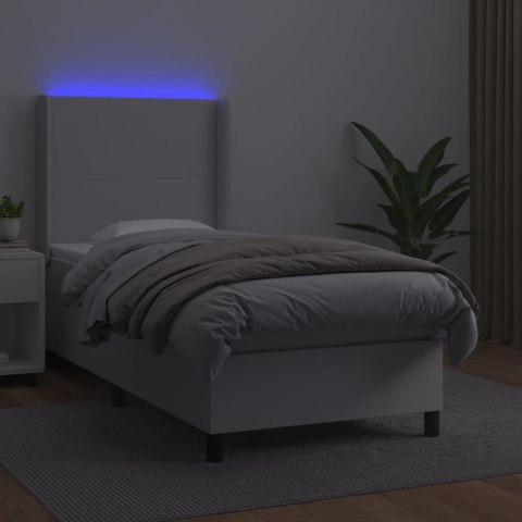 Łóżko kontynentalne z materacem i LED, biała ekoskóra 90x190 cm