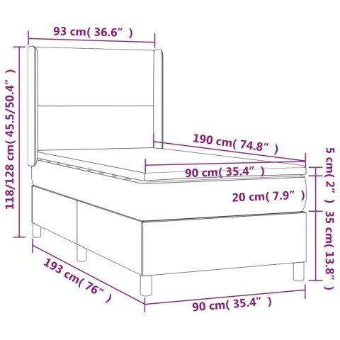 Łóżko kontynentalne z materacem i LED, biała ekoskóra 90x190 cm