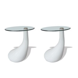 2 białe stoliki z okrągłym, szklanym blatem, wysoki połysk