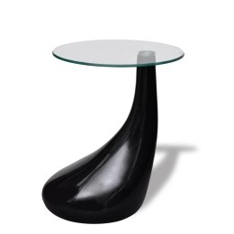 Czarny stolik kawowy z okrągłym, szklanym blatem, wysoki połysk