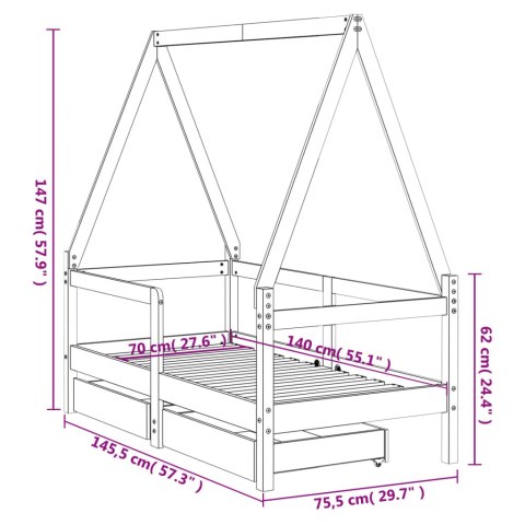 Rama łóżka dziecięcego z szufladami, 70x140 cm, sosnowa
