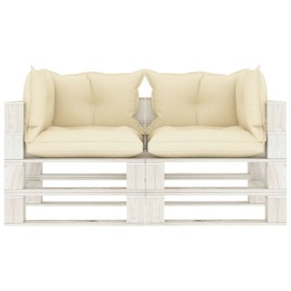 Ogrodowa sofa 2-osobowa z palet, z kremowymi poduszkami, drewno